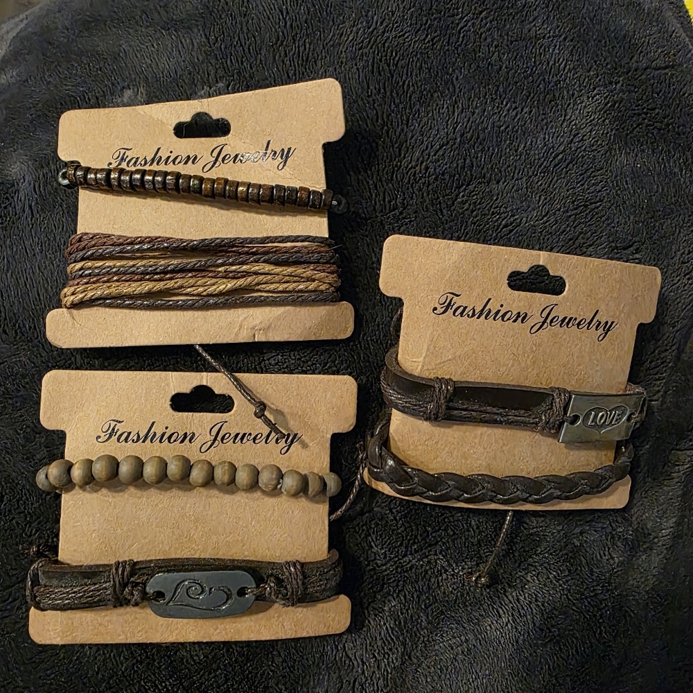 6 Fashion Jewelry Faux Leather And Beaded Stackable Bracelets